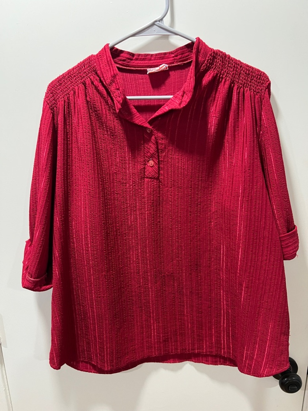 Women’s Ruby Red Textured Tunic with Button-Neck